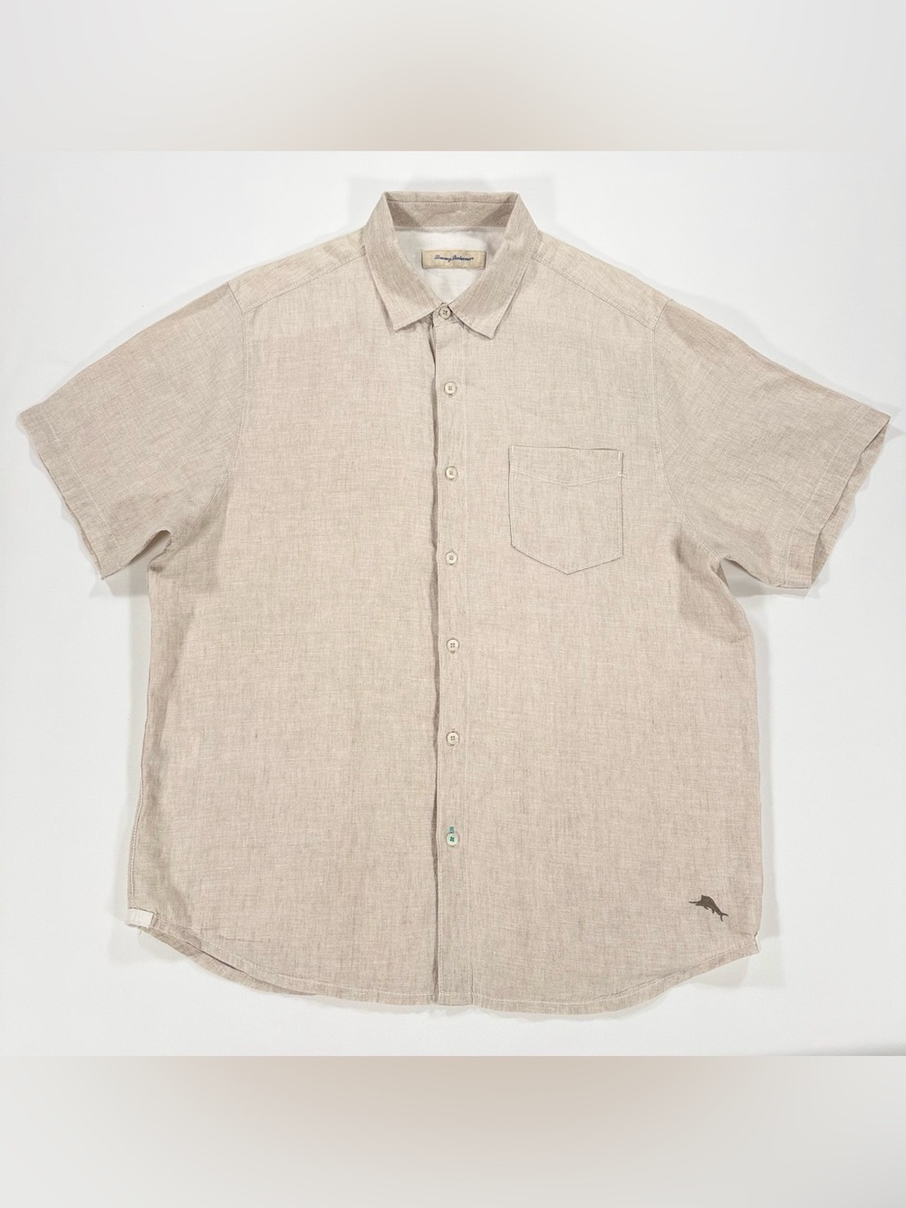 Tommy Bahama Shirt Mens Large Beige 100% Linen Short Sleeve Button Up Pocket